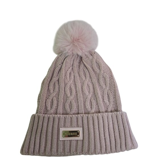 Guess Blush Pink CableKnit Logo Pom Pom Beanie One Size - Picture 1 of 3